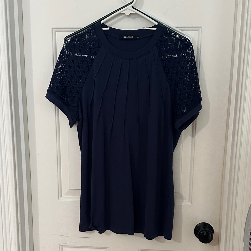 Navy Blouse with Lace Sleeves